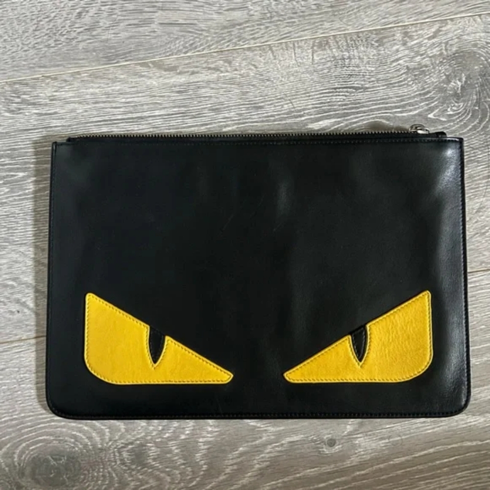 Fendi Black Leather Clutch with Yellow Eyes